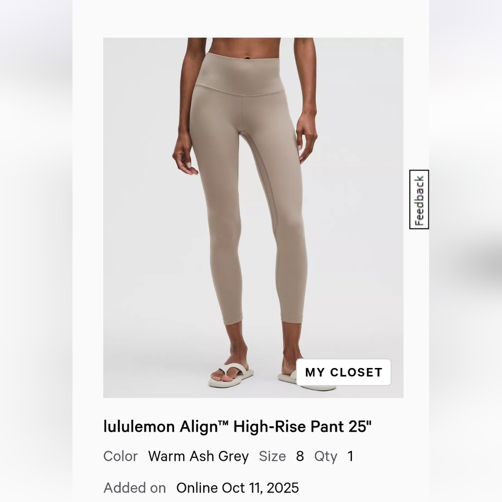 NWOT lululemon Align High-Rise 25" Leggings - Warm Ash Grey Sz 8